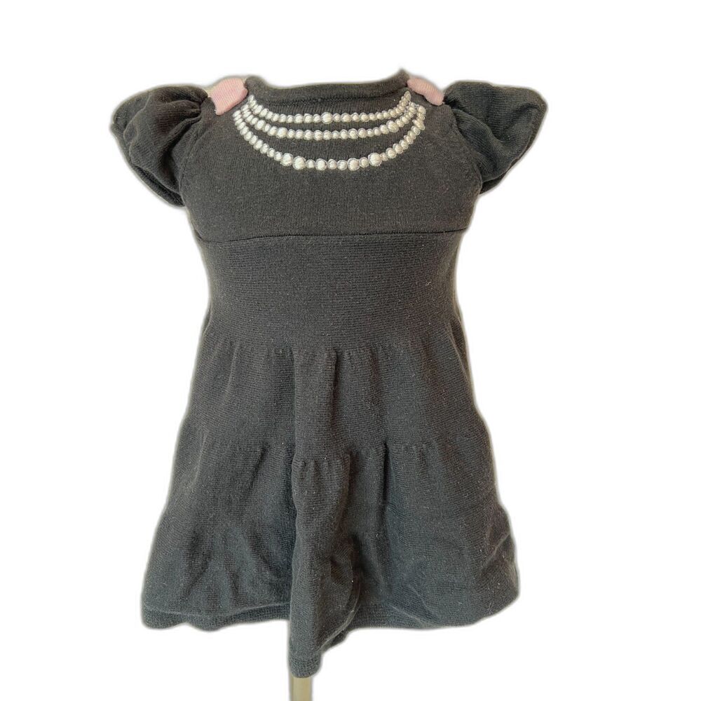 Gymboree black dress with 3 rows pearls neckline 2 bows on shoulders 6-12 months